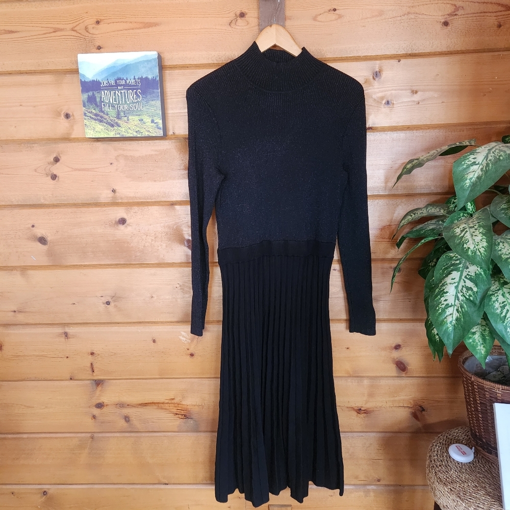 Nine West 💜 Black Metallic Pleated LS Knit Sweater Dress Mock Midi‎ Pleated Med
